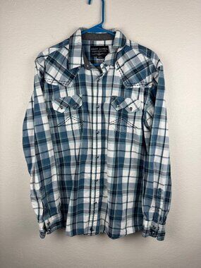 Cody James Pearl Snap Western Shirt Mens L White Teal Plaid Long Sleeve